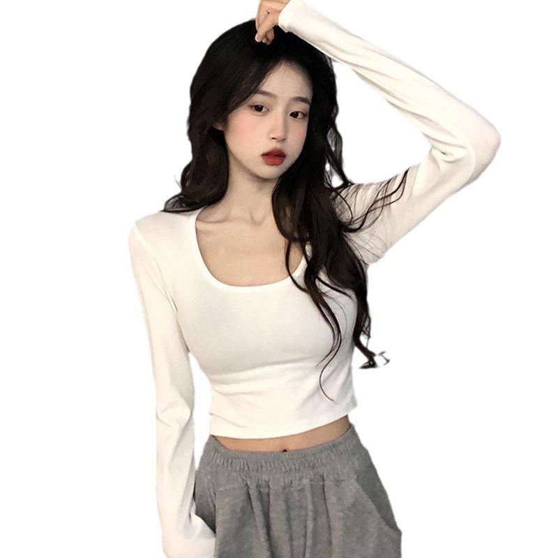 White cotton round neck long-sleeved t-shirt women's 2025 new early autumn chic top slim-fitting inner bottoming shirt