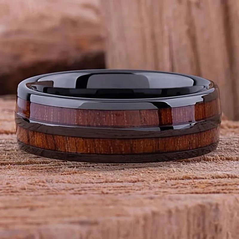 Fashion 8mm Men Titanium Steel Koa Wood Rings For Men Women Dome Polished Stainless Steel Rings Men Wedding Band Jewelry Gifts