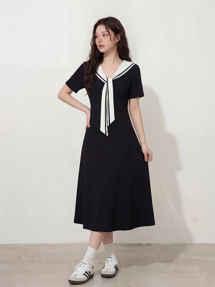 

Women s French Sailor Collar Slimming Little Black Dress - Summer Tummy-Concealing Style 4XL