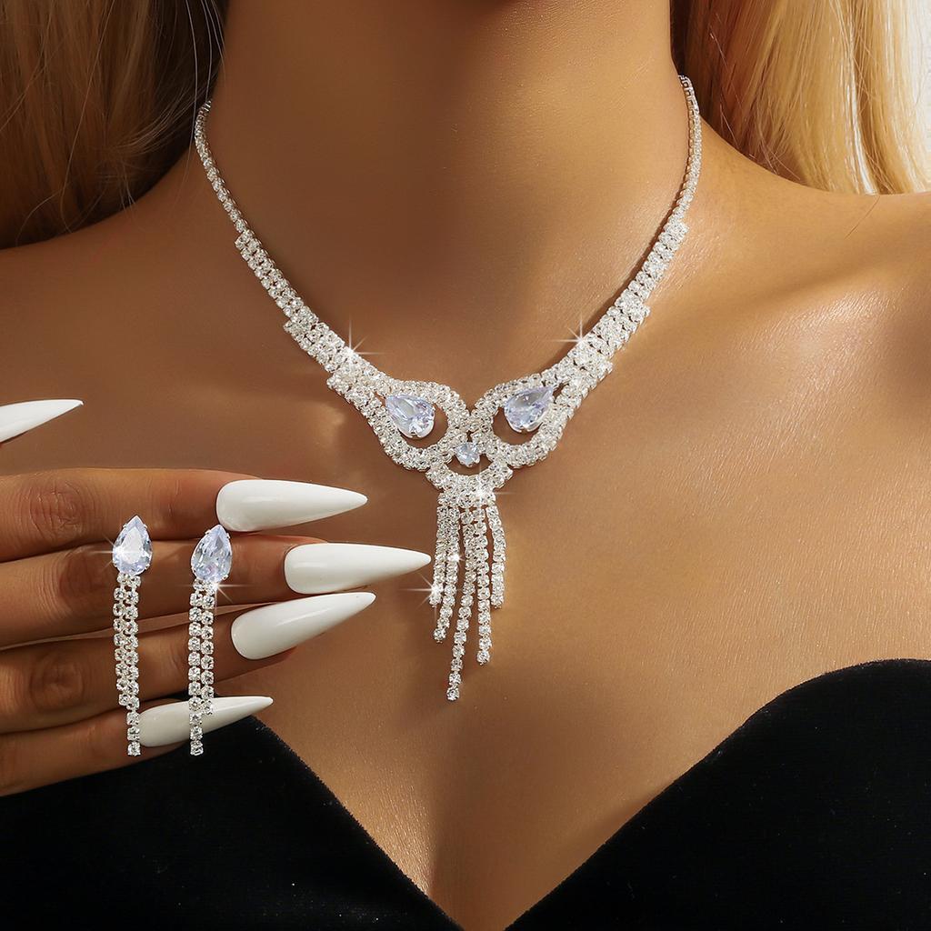 Popular Accessories Full Diamond Necklace Earrings Wedding Dress Accessories Bare Diamonds Zircon Four-Piece Set