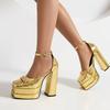 Plus Size Plaid Patent Leather Side Cut-Out Women's Sandals Metal Chain Decoration Ultra-High Double-Deck Platform Fashion Shoes