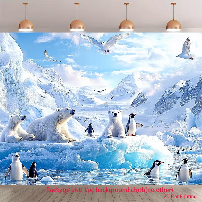 

2D Winter Arctic Backdrop, North Pole Scene with Polar Bear Penguin & Seagulls Background 47.2x31.5inch/120*80cm