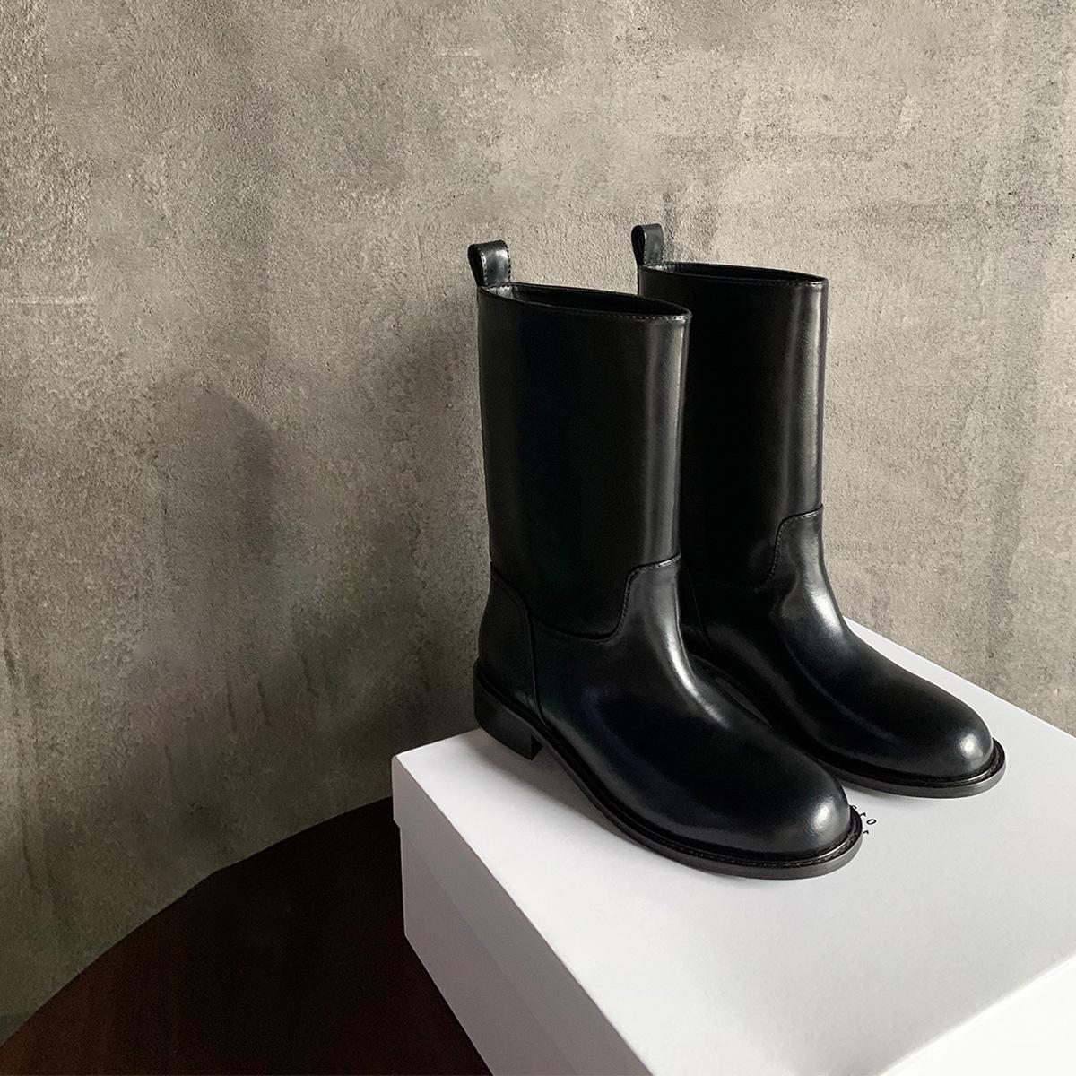 

Издание из коровьей кожи~ Западные складные полусапоги Женские ботинки Мартин на платформе Премиальная кожа Толстый каблук Прямые рыцарские ботинки 40