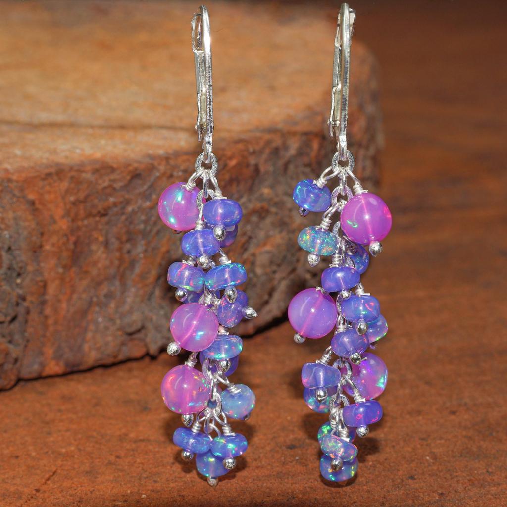 AAA Purple and Lavender Multifire Opal Cluster Earring, Opal Gemstone Handmade Beads Earring, Birthstone Earring for Women, Delicate Gift