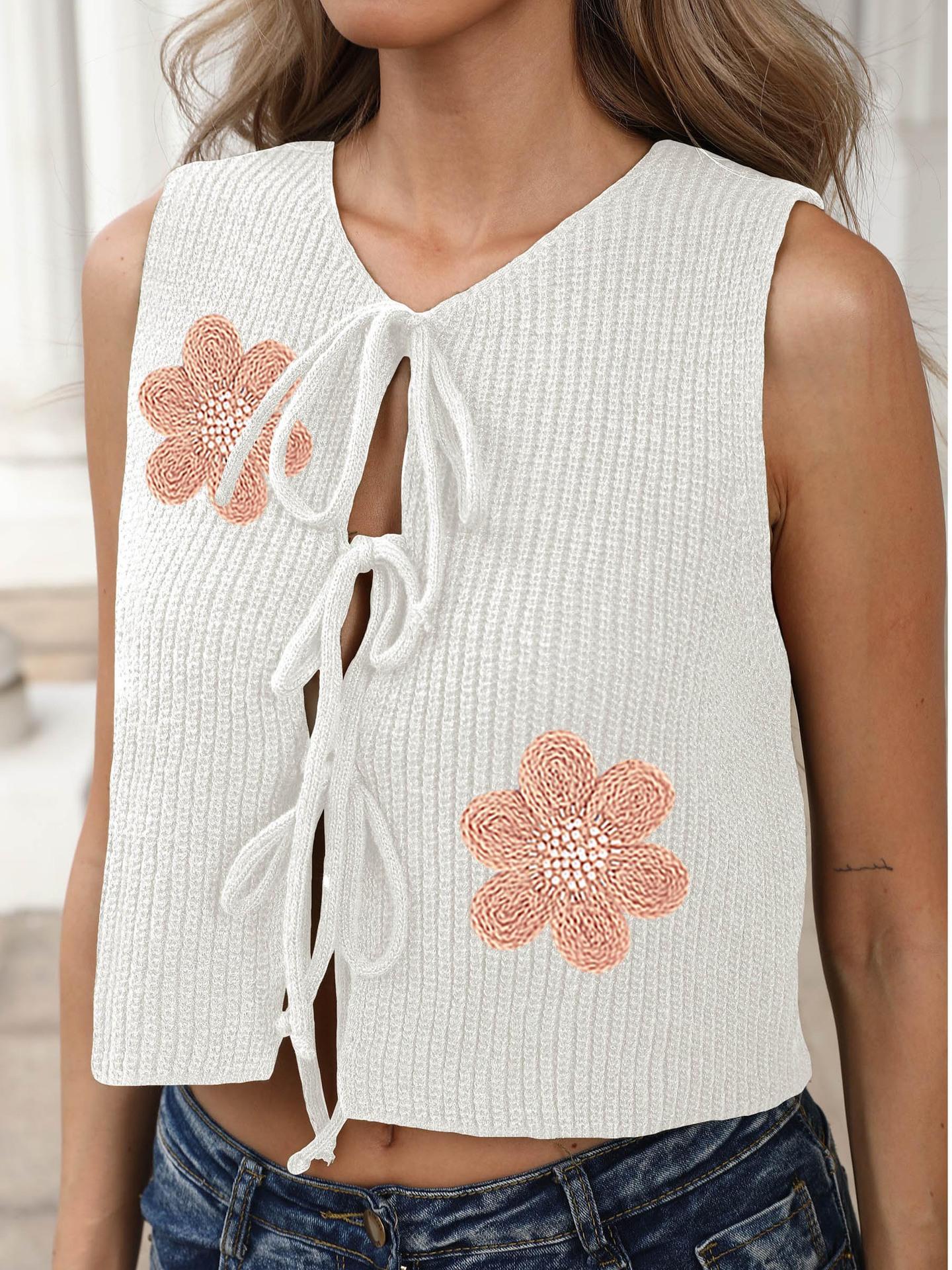 

Женский жилет-куртка повседневный сексуальный на бретелях с бантом короткий топ с вышивкой в виде цветов кружевной на шнуровке кардиган S белый