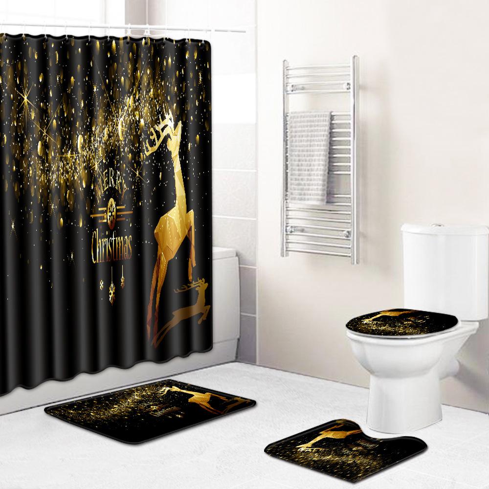 Christmas Elements Bathroom Shower Curtain Floor Mat Toilet Cover Foot Mat Four-Piece Set