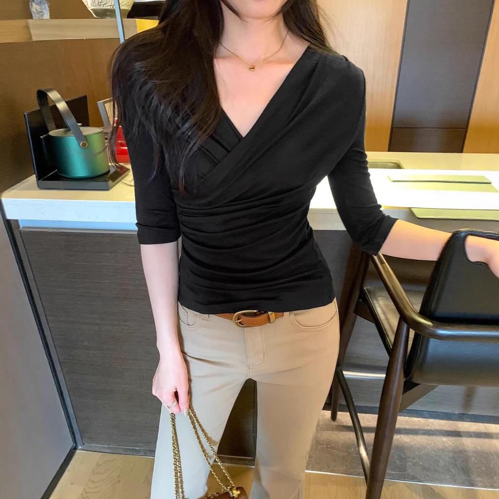Women's Slim-Fit Tencel Wool V-Neck Mid-Sleeve Top - Korean Style, Spring/Summer 2026 Collection