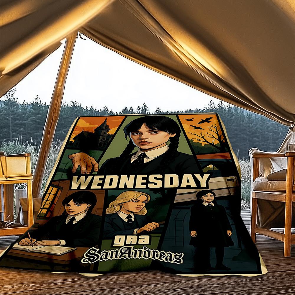 1pc Wednesday Addams Outdoor Flannel Blanket Gift For Boys Girls Adults, Family Friends