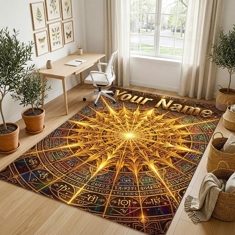 Golden Mandala Theme Soft Crystal Velvet Rug Custom Name & Text Print Non Slip Floor Rug for Bedroom Living Room