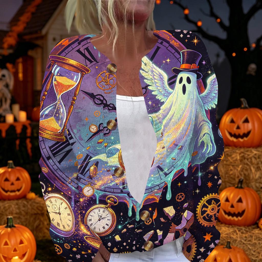 Women's Halloween Print Long Sleeve Knitted Cardigan Button Front Sweater Lightweight Soft Fabric Casual Outerwear