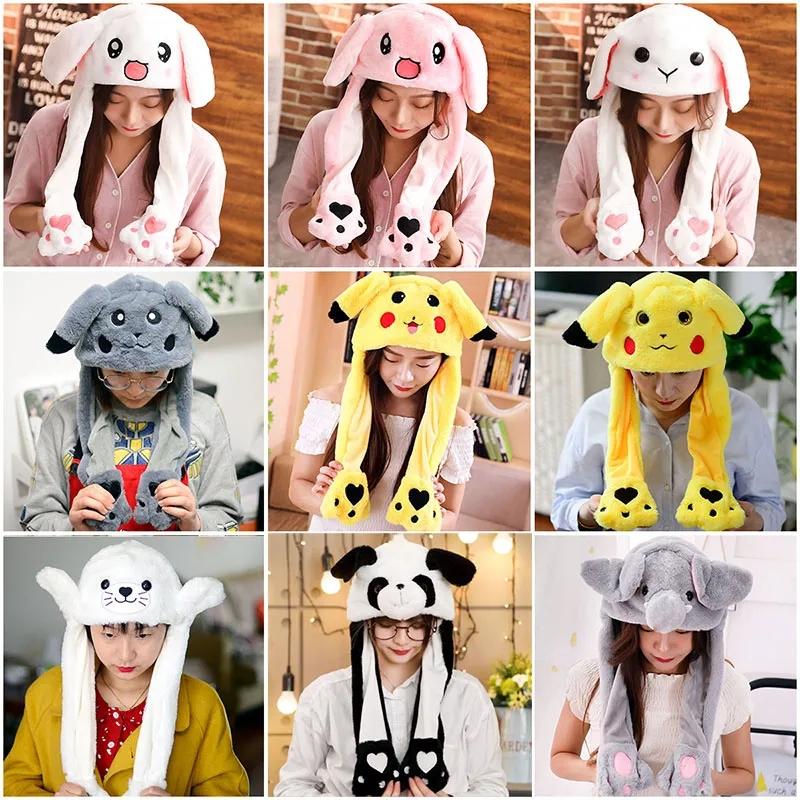 Cartoon Bunny Ear Move Hat Jumping up Toys Rabbit Girls Animal Plush Costume Cosplay Cap Kids Party for Adult Funny Anime Hat
