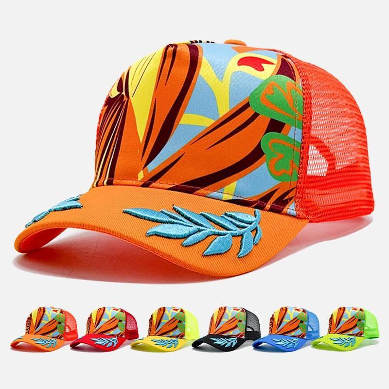 Colorful Leaf Embroidered Mesh Baseball Cap Outdoor Breathable Protection Sun