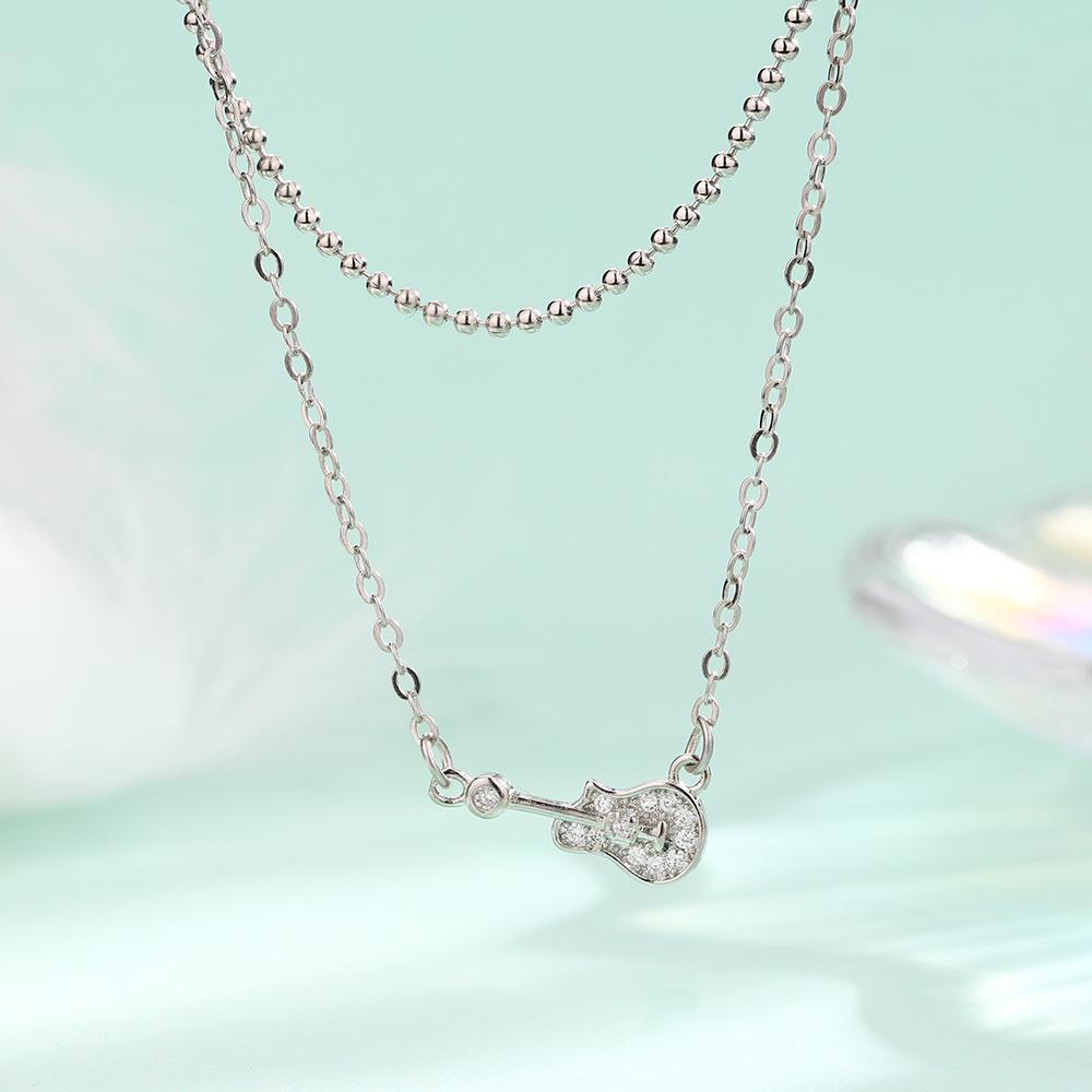 Zircon Guitar Double Necklace Personalized Sweet Cool Full Diamond Bass Pendant Collarbone Chain