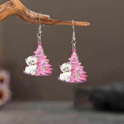 Pink Christmas Tree Kitten Earrings: Perfect for Holiday Parties and Travel