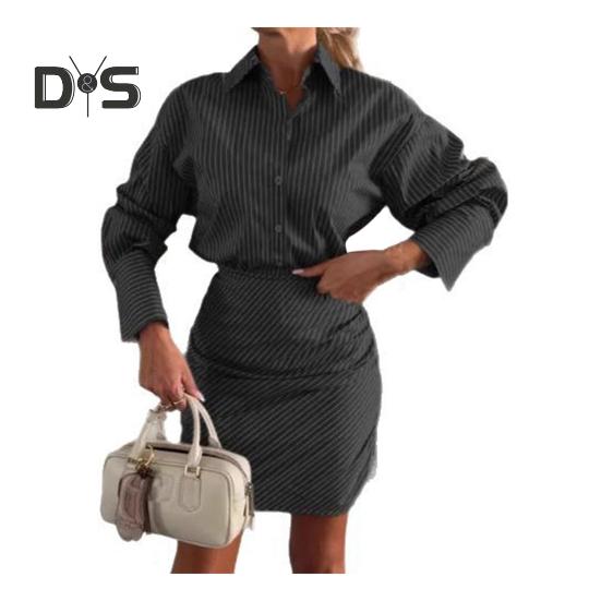 

Сексуальное мини-платье-рубашка для женщин, полосатая блузка с длинным рукавом, застегивающаяся на пуговицы, с V-образным вырезом, короткое платье, облегающее мини-платье с запахом, наряд на весну и лето M чёрный