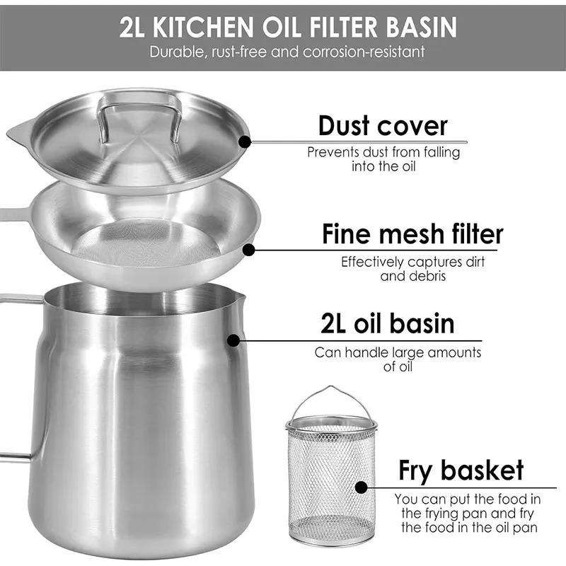 2.0L Stainless Steel Oil Filter Pot with Mesh Large Capacity Household Fryer Oil Storage Tank Residue Separation Tool