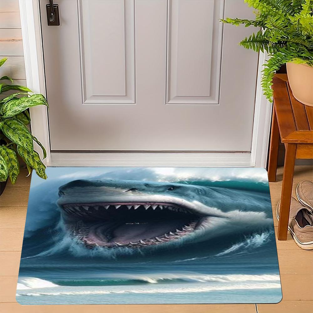 Realistic Shark Pattern Door Mat Fierce Shark Designs Underwater Scene Different Expressions Floor Mat for Home Entrance Decor