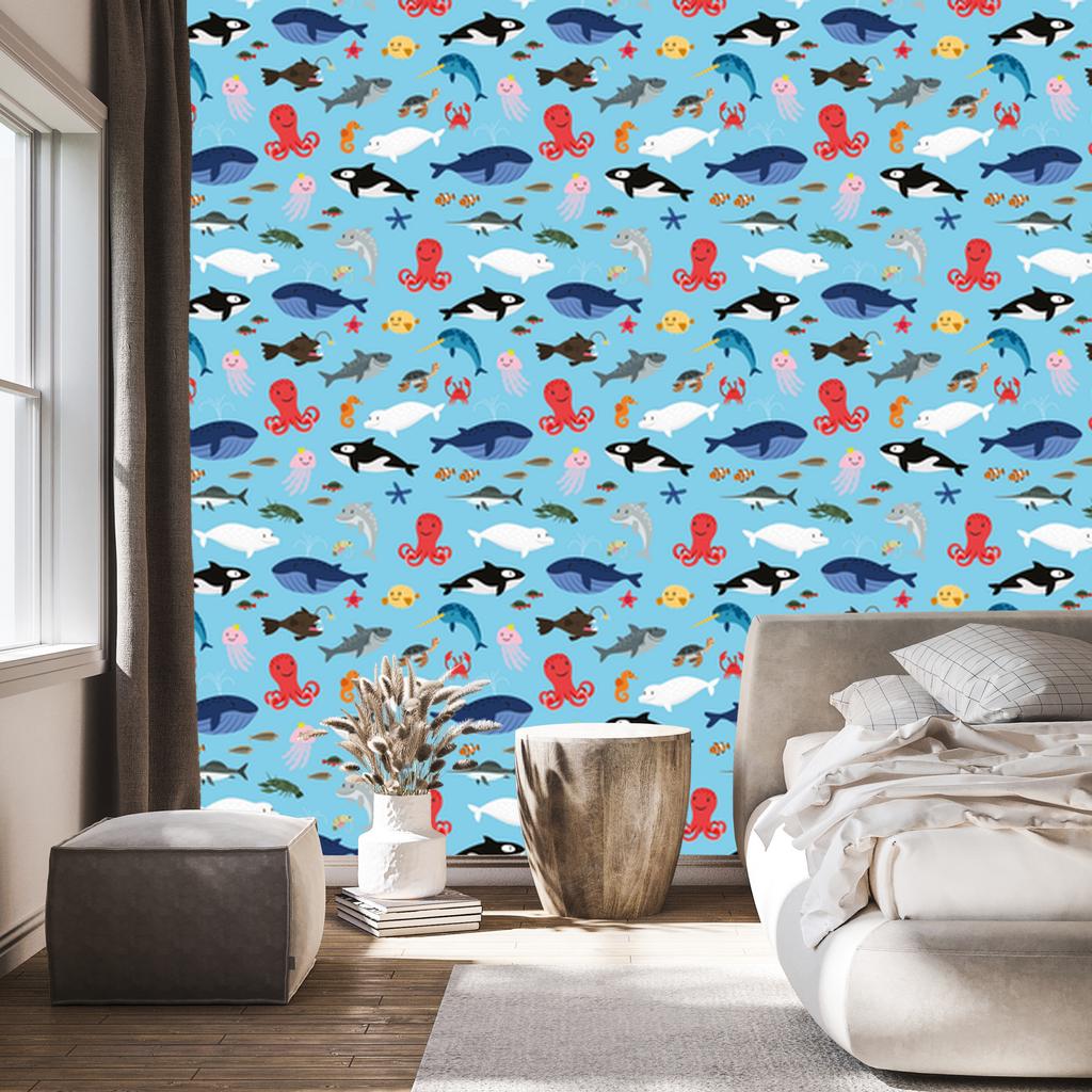 Cheerful Sea Animals Wallpaper for Living Room and Bedroom 50x1000