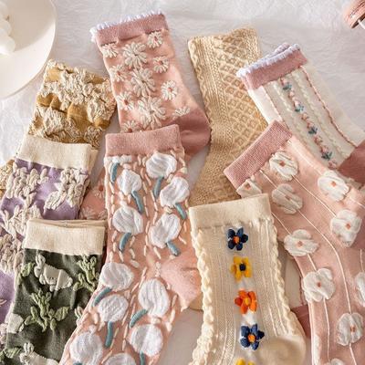 Three-dimensional Flower Relief Socks Women's Long Tube Spring and Autumn High-value Autumn and Winter Cotton Stockings