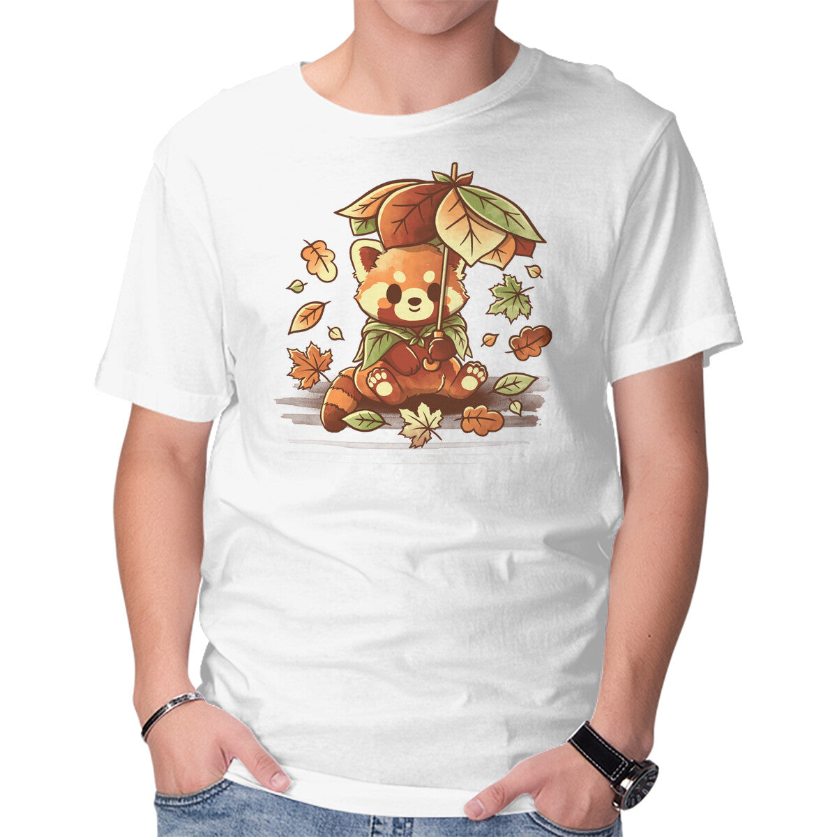 Unisex Crew Neck T-Shirt Red Panda Leaf Umbrella Graphic Short Sleeve Casual Tee XS