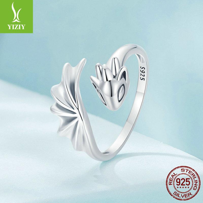 Neutral Wind Dragon Plain Silver Open Ring, Personalized Fashion Three-Dimensional Wings 925 Sterling Silver Ring