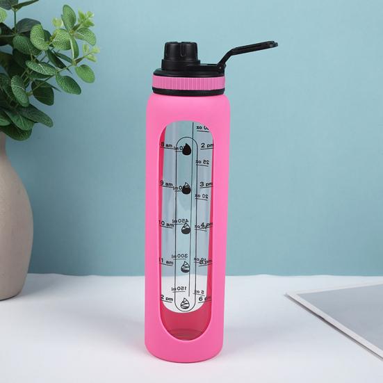 Glaswasserflasche mit Silikonhülle Zeitmarkierung 1000ml Auslaufsicher Borosilikat Wasserbecher für Sport Fitness Büro BPA-frei Getränke Geschenkidee
