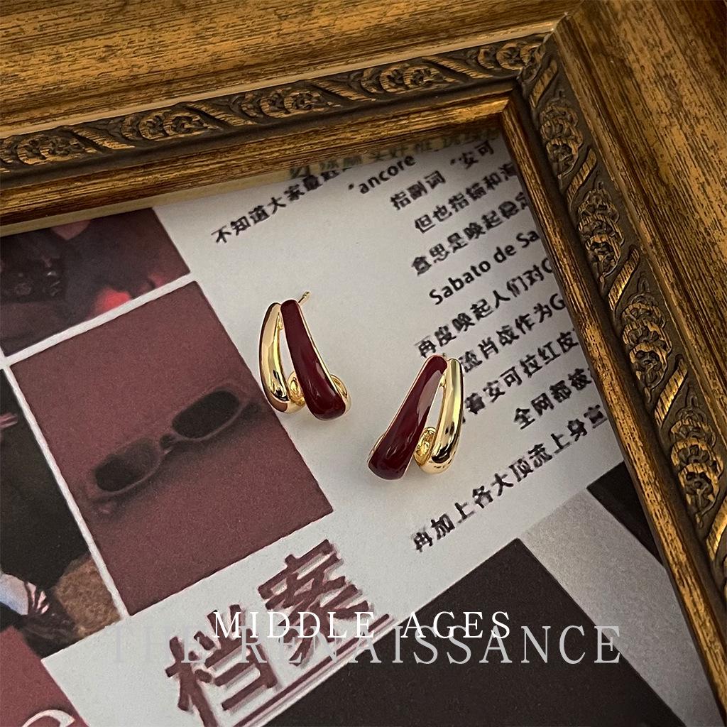 Boucles d'oreilles pendantes vintage en émail rouge bordeaux - Clous de style rétro français