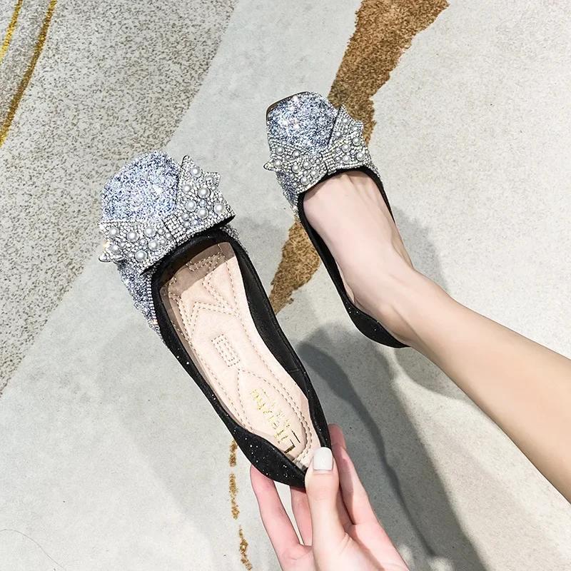 New Women Slip-on Loafers Spring Summer Fashion Beautiful Bling Pearl Flat Shoes Girl Beautiful Casual Boat Shoes