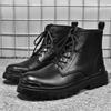 Genuine Leather Men's High-Top Leather Boots Breathable Worker Boot Calf Leather Shoes Black Motorcycle Autumn Men's Shoes Mid-Top Boots