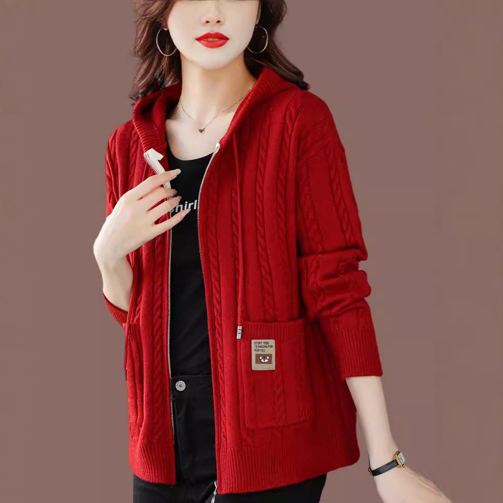 Hooded Knitted Jacket for Women Versatile for Autumn and Winter Loose Solid Color Sweater Jacket Autumn and Winter Sweater Cardigan for Women