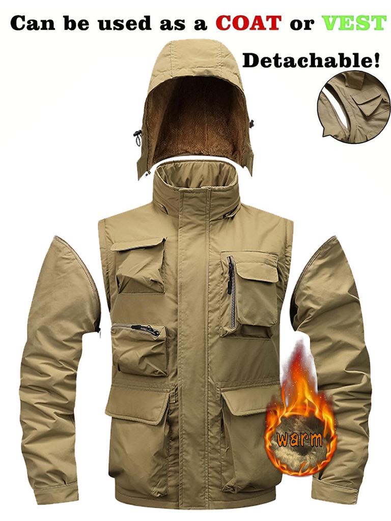 Herren Winddichter Parka mit abnehmbaren Ärmeln: Frühlings-/Herbst-Jacke mit mehreren Taschen, lockerer Schnitt, Übergröße, Freizeit-Arbeitskleidung
