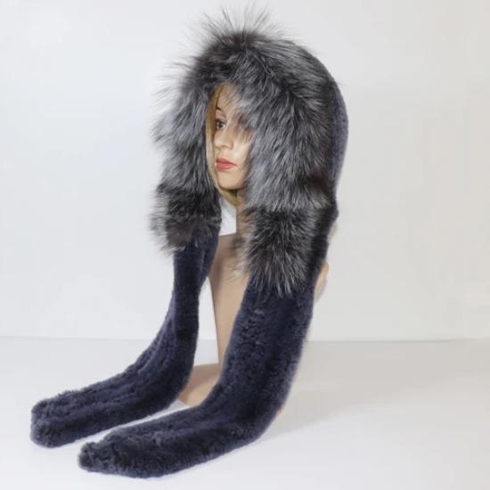 

Новые зимние женские шапки и шарфы из натурального лисьего меха, женская теплая пушистая шапка и шарф из настоящего кроличьего меха рекс, роскошные вязаные шарфы с капюшоном из натурального меха синий