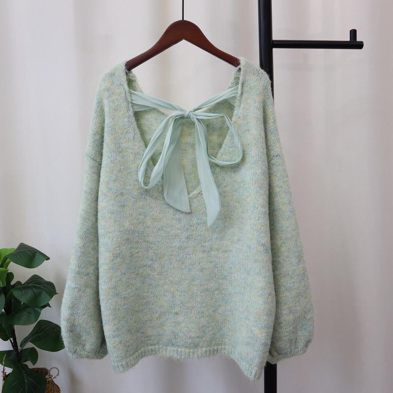 

Чувство дизайна бант сзади ленивый стиль свободный и тонкий вязаный свитер топ осень новый свитер пуловер женщина one size fits all зелёный