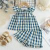 Girls Summer Flutter Sleeve Plaid Print Top And Shorts Set Kids Casual Two Piece Outfit