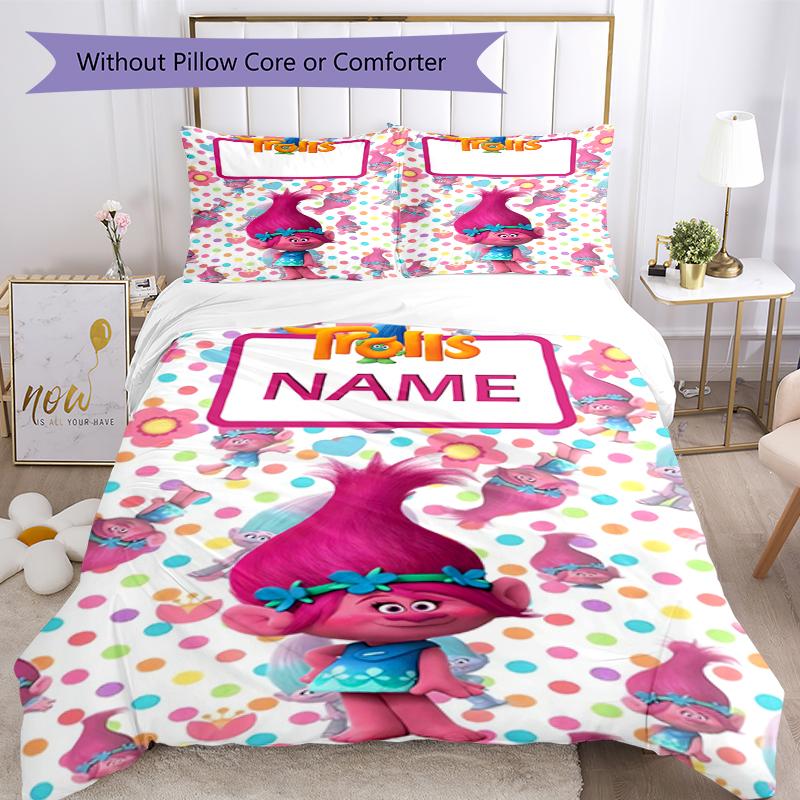 3pcs Custom Name Trolls Bedding Set Duvet Cover Closure Includes 1 Duvet Cover & 2 Pillowcases, Soft and Comfortable for All Seasons.