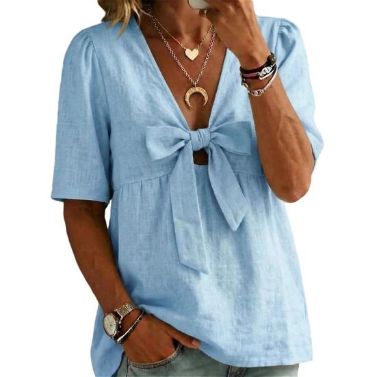 

Women Shirt Pure Color Loose Fit Commuting Style Casual Tops Front Bowknot Decor Summer Pullover M світло-синій колір