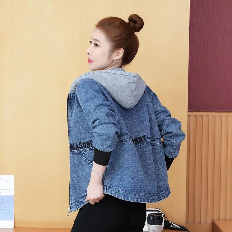 Spring and Autumn Korean Version of The Hooded Embroidered Denim Jacket Women's Loose Spring and Autumn All-match Thin Casual Denim