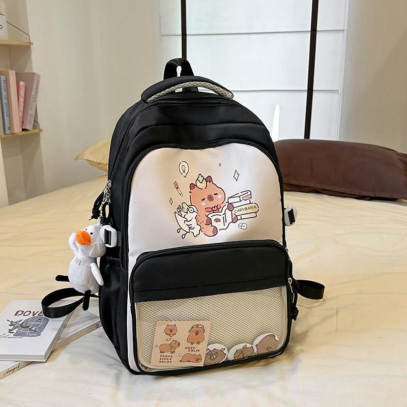 Capybara Cartoon Backpack For School Students With Breathable Nylon Material And Large Capacity