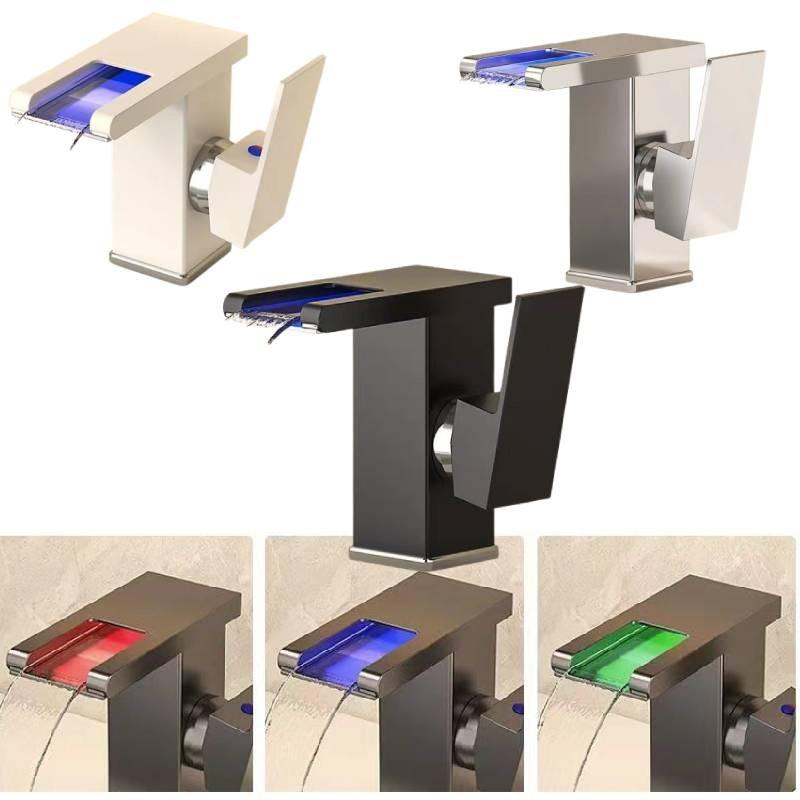 Led Bathroom Rgb Sink Mixer Tap Temperature Sense Waterfall Faucet Change Color