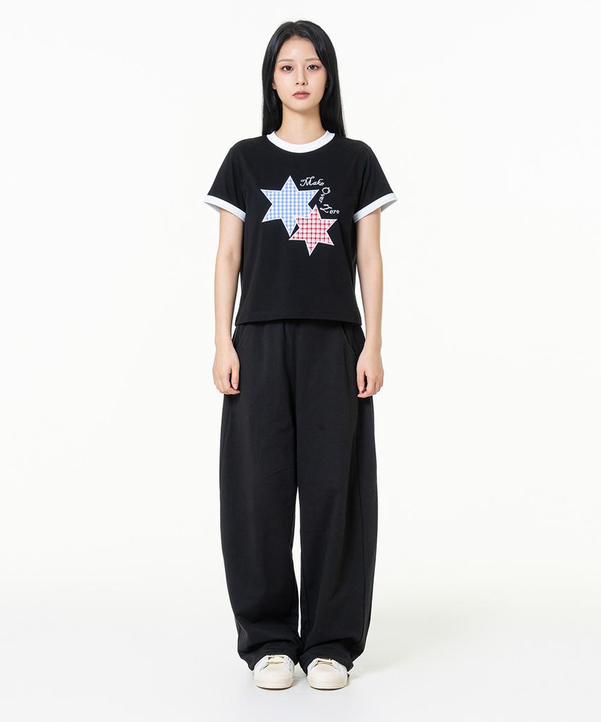 MOZMOZ [Set] Star Patch 2-Type Ringer Short Sleeve T-Shirt + Side Pleated Wide Training Pants
