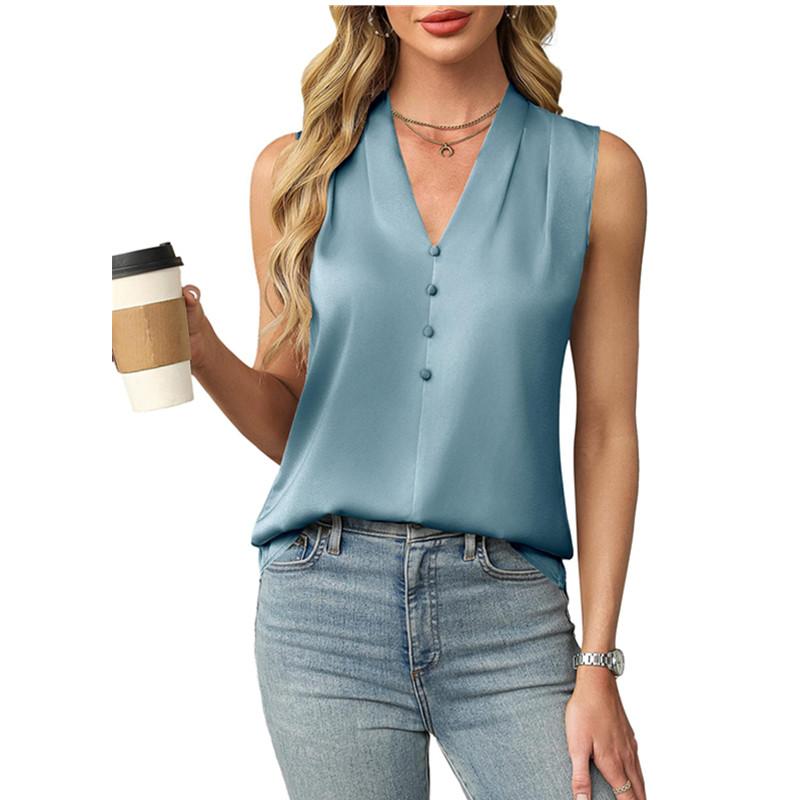 Women's Blouses Summer Elegant Temperament Satin Work Tank Shirts Casual Button V-Neck Sleeveless Vest Black Tops
