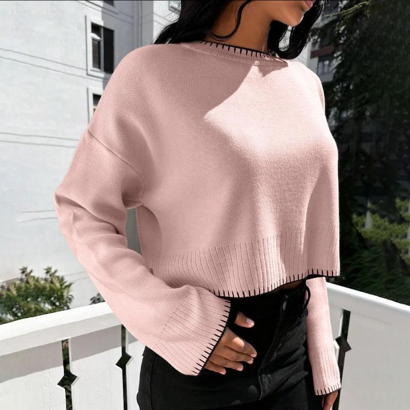 High Waist Contrasting Color Knitted Sweater Women's Early Autumn New Loose Short Pullover Sweater