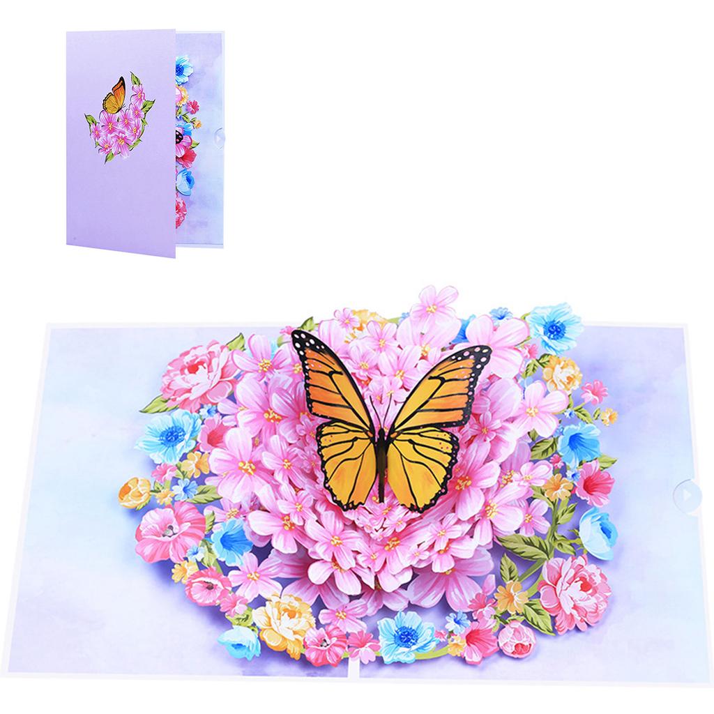 3D Pop Up Flower and Butterfly Greeting Cards Pink Style Paper Card with Envelope & Small Card for Parties Gathering