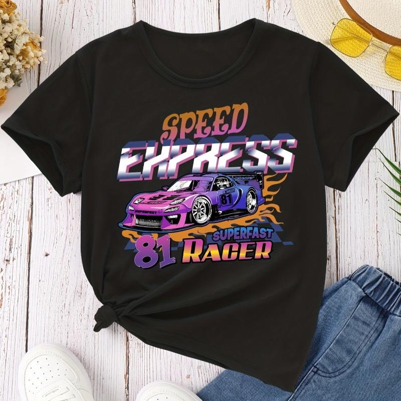 children Crew Neck Short Sleeve T-Shirt with Racing Car & Letter Print 110