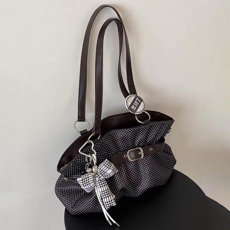

Vintage Pleated Large-capacity Tote Bag Korean Fashion Polka Dot Shoulder Bag Belt Buckle Decor Women s Casual Commuter Handbag чёрный