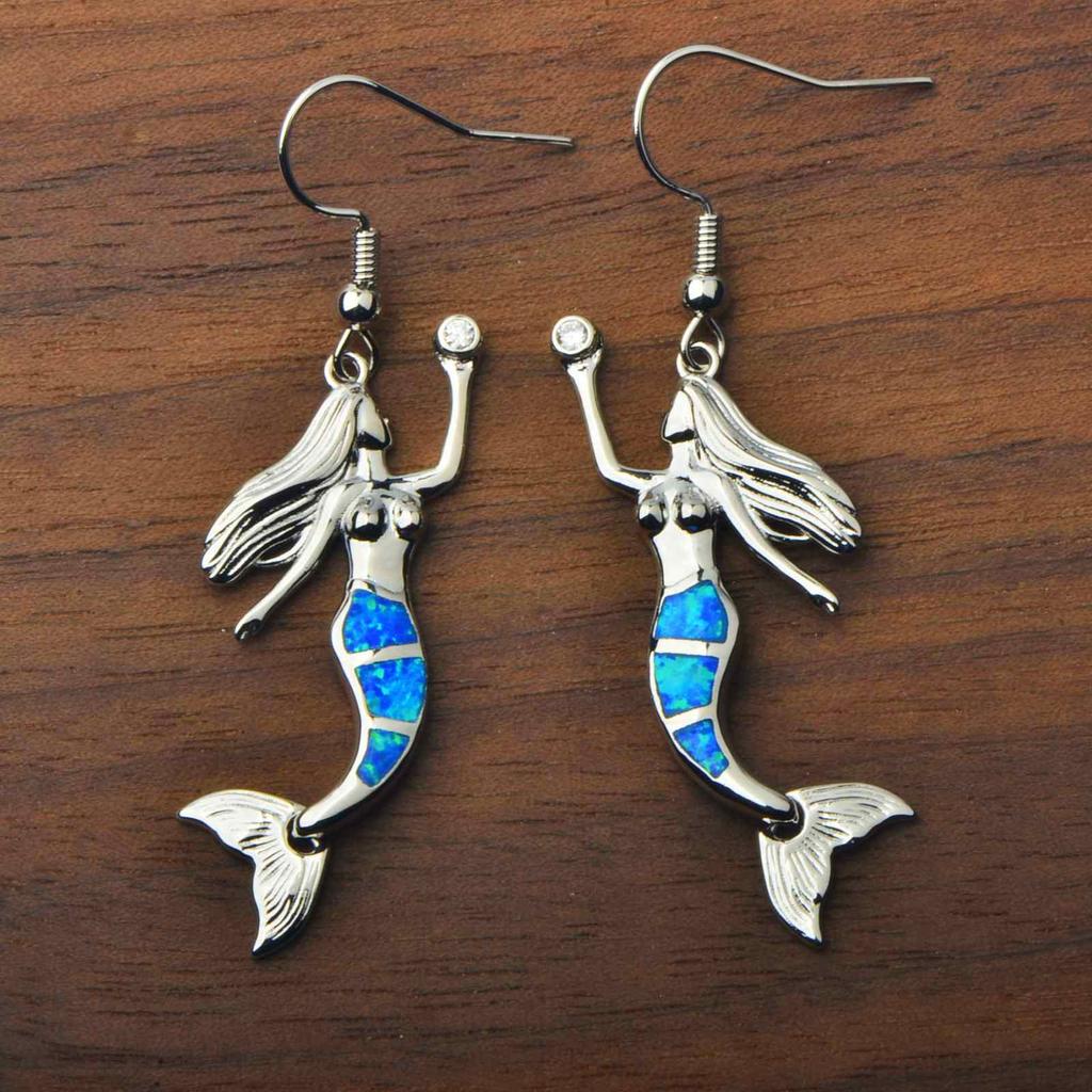 Enchanted Mermaid Opal Drop Earrings - Blue Fire Opal Tail & CZ Accent Design | Fairy-Tale Ocean Jewelry Bulk Gifts
