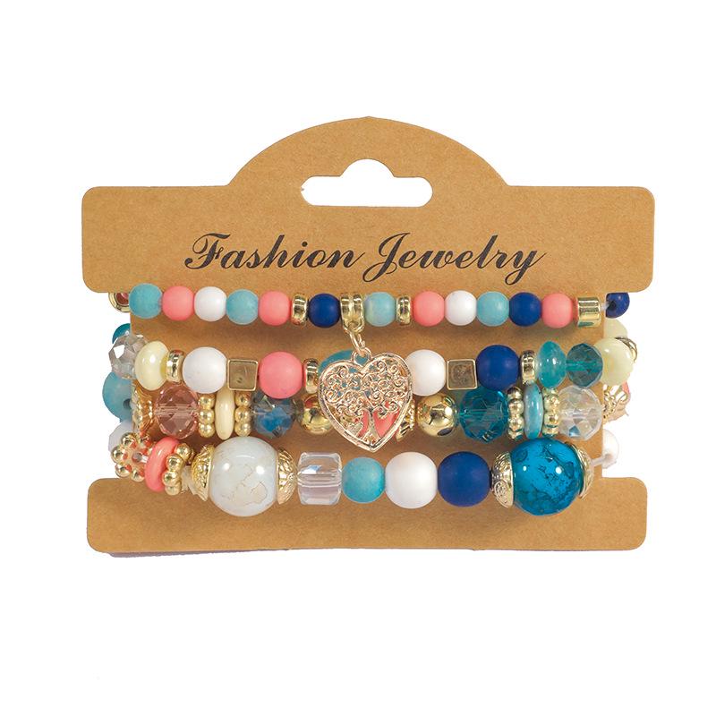 Bohemian Ethnic 4-Piece Bracelet Set: Multi-Layer Stackable with Peach Heart Tree Pendant & Acrylic Beads.