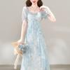 French holiday style beautiful floral short-sleeved dress summer new unique fairy ruffle skirt blue