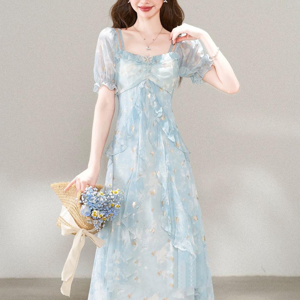 French holiday style beautiful floral short-sleeved dress summer new unique fairy ruffle skirt blue