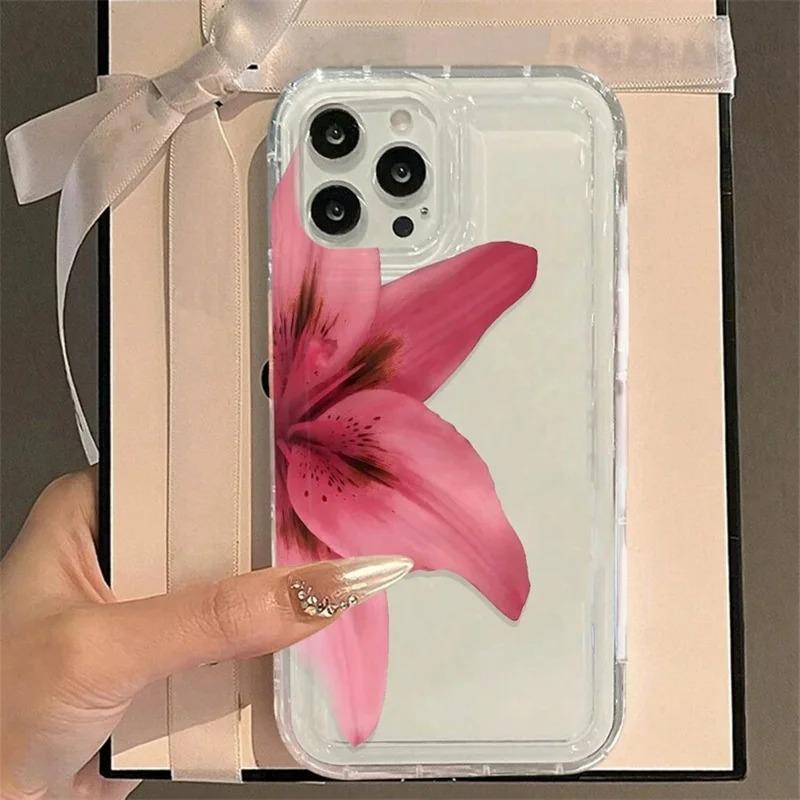 Ins Pink Lily Pattern Transparent Phone Case for iPhone 17 Air pro16 14 13 15 Pro Max 11 12 Pro Mini 7 8 Plus Shockproof Cover